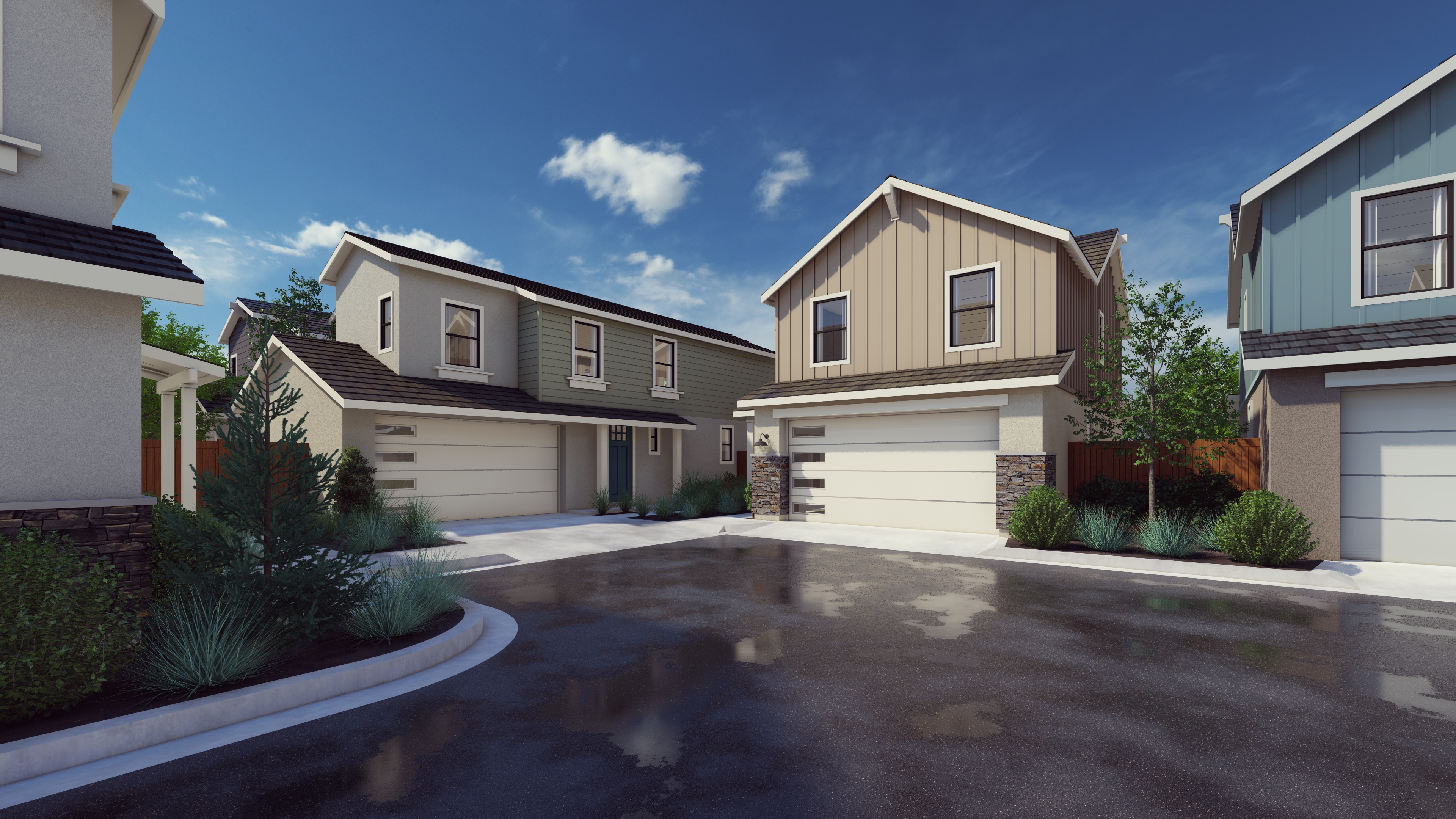 Rendering of corner houses with white garages and landscaping around against blue sky