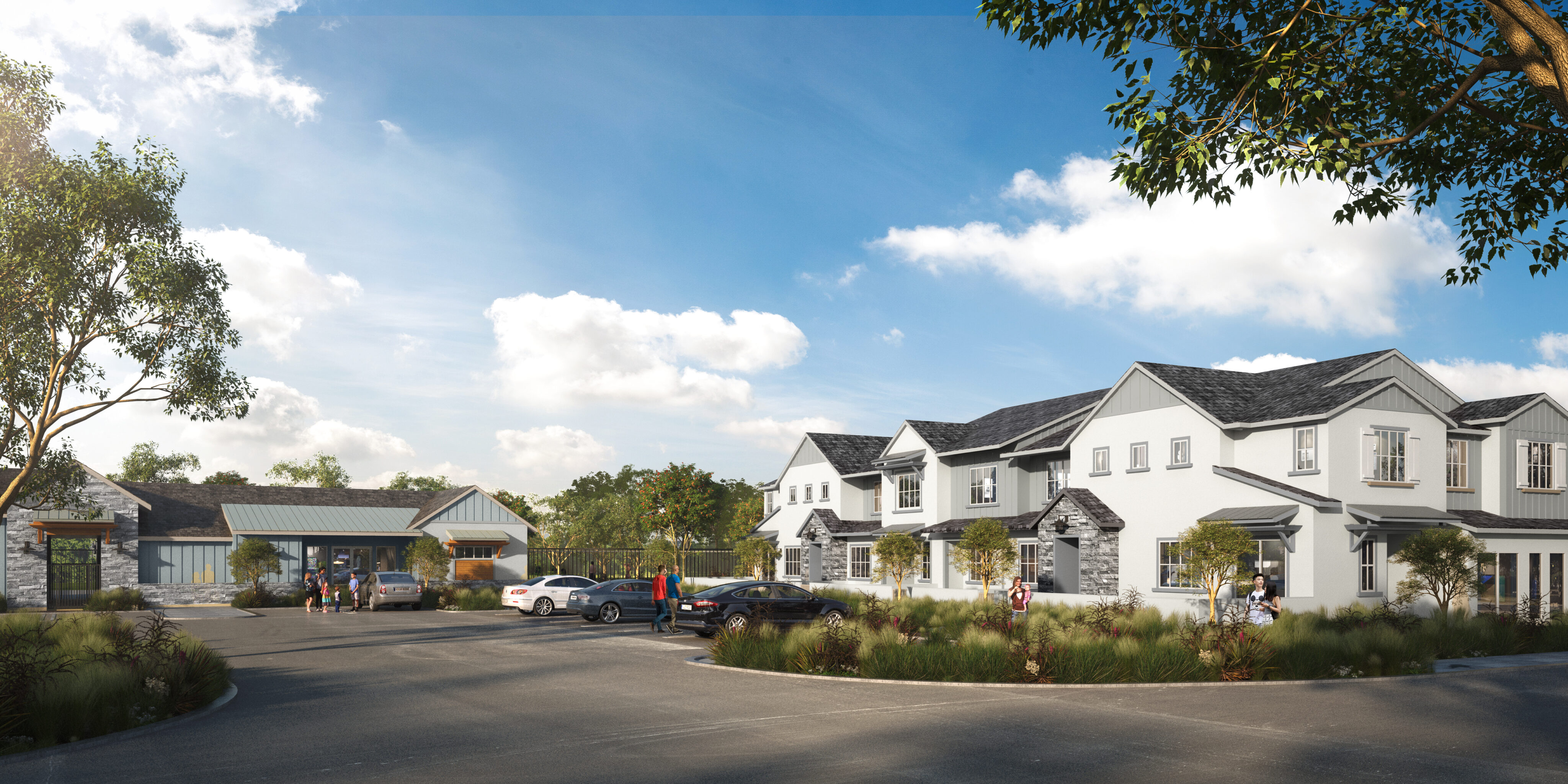 Rendering of an apartment with gray and white buildings and tall grasses around with a parking lot and a blue sky behind