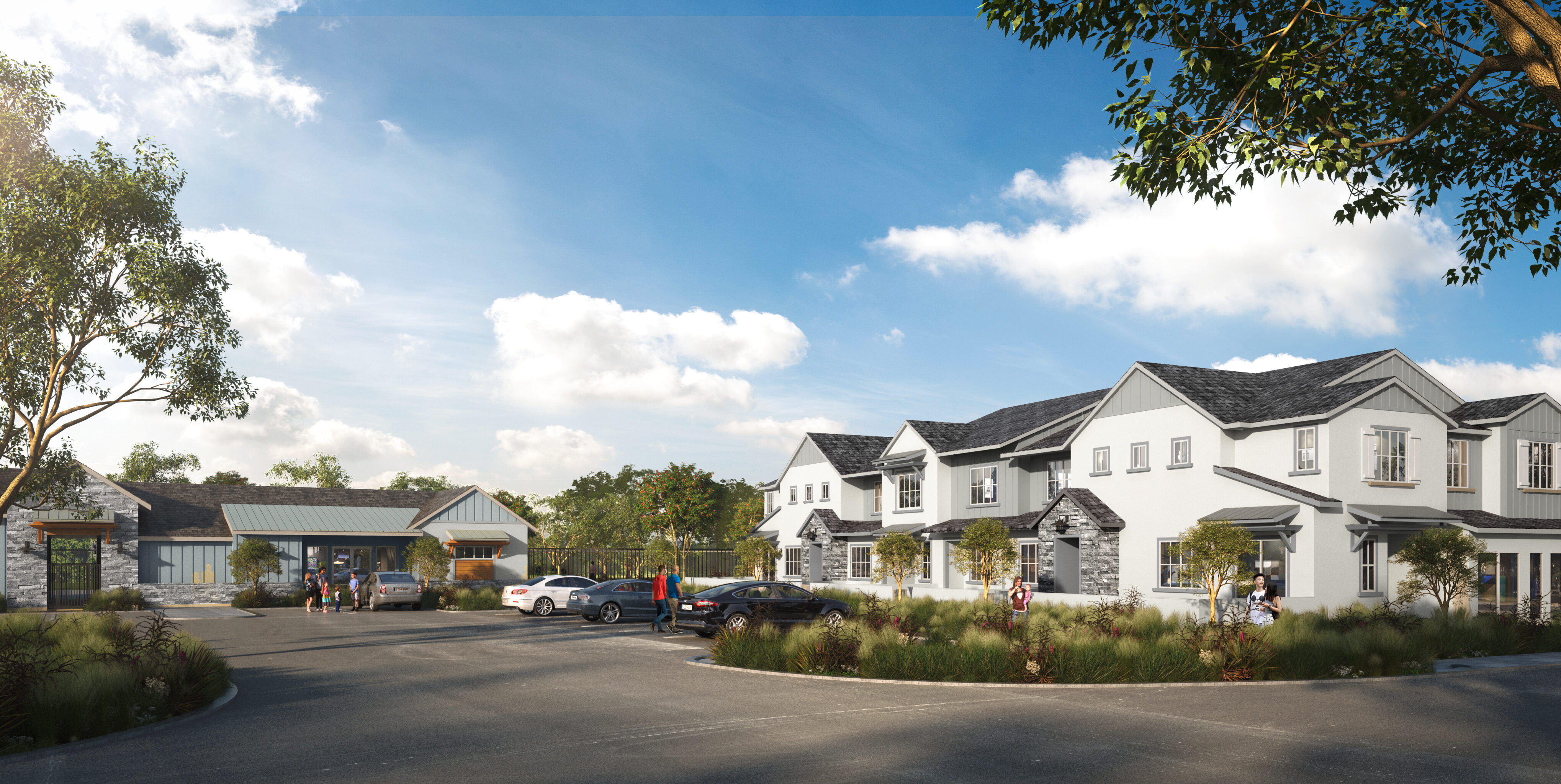 Rendering of an apartment with gray and white buildings and tall grasses around with a parking lot and a blue sky behind