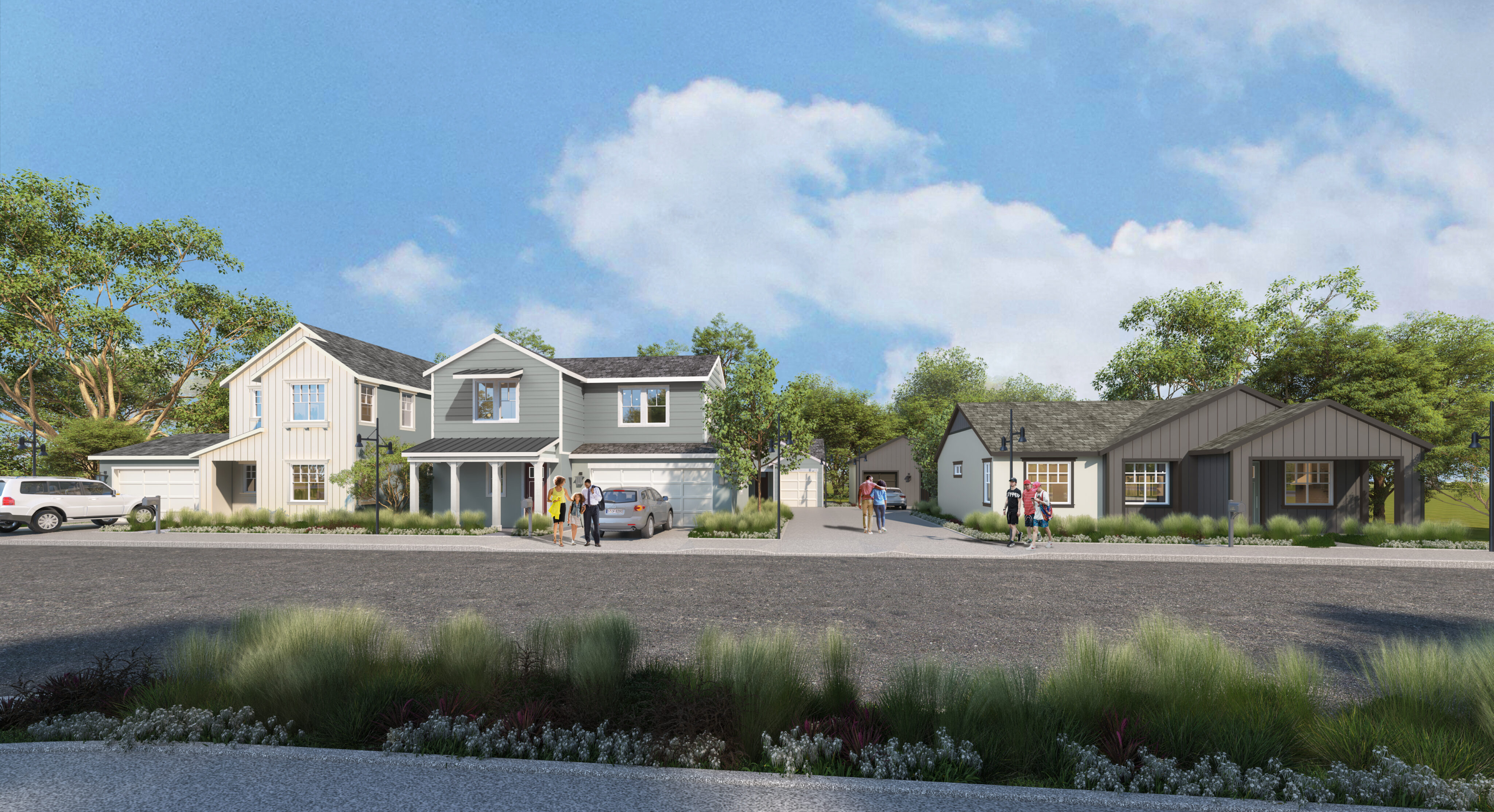 Rendering of a group of green and white houses from across the street with tall grass in front and a blue sky behind