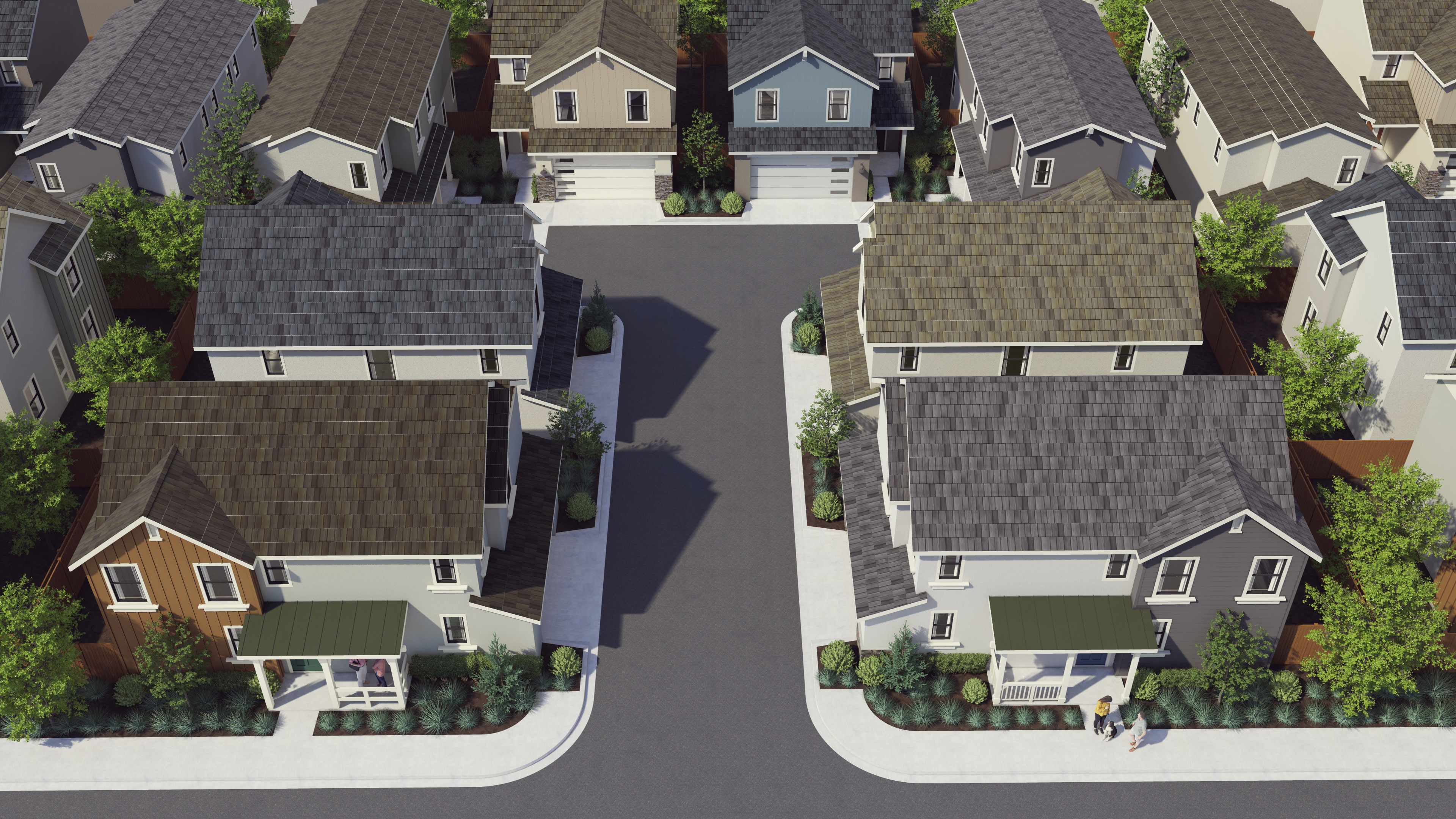 Aerial rendering of community with gray, brown and beige roofs and landscaping