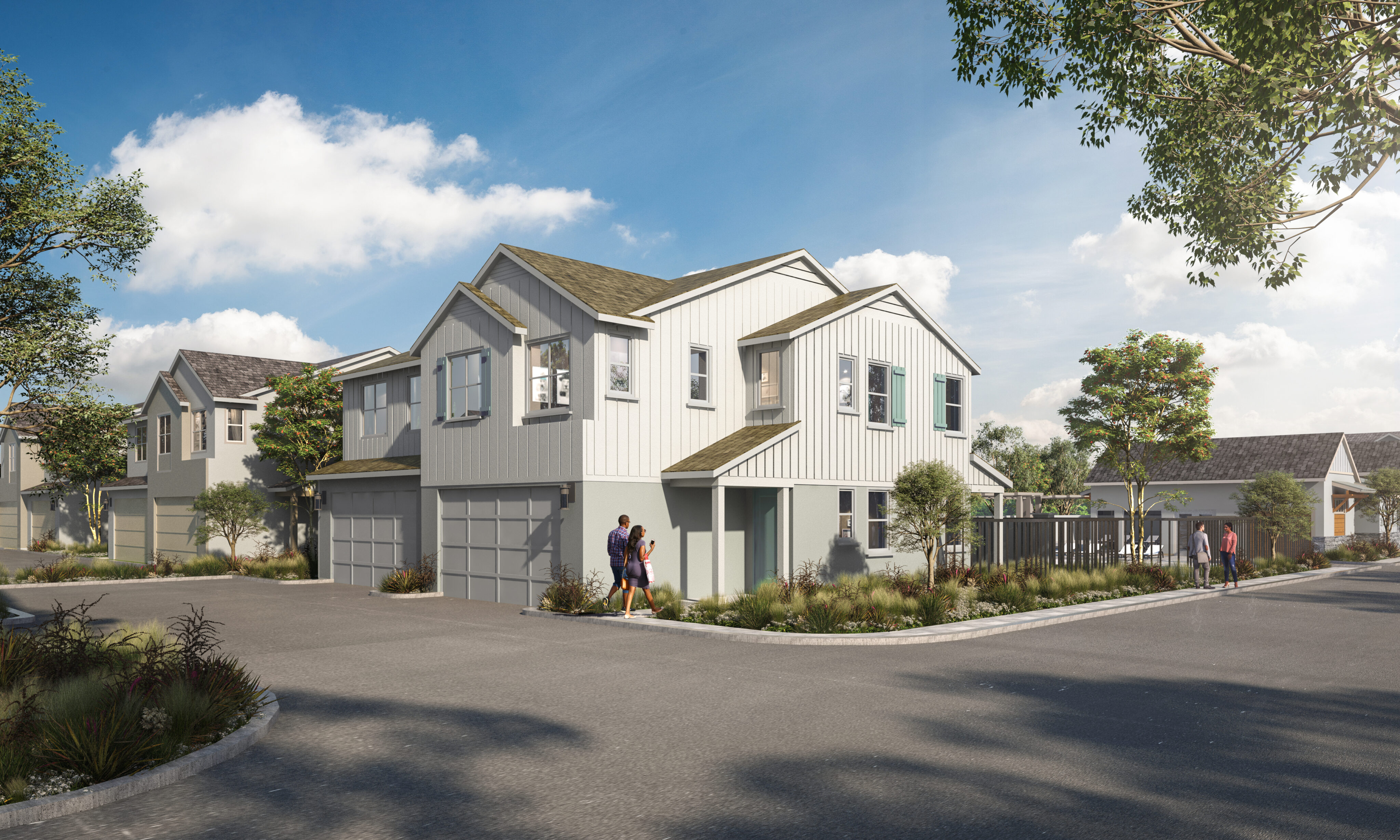Rendering of white, two story single family home on a corner lot.